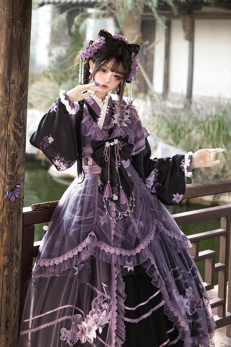 Purple [Violet Gauze Lily] Stand Collar Long Sleeves Ruffled Embroidered Bow Classic Chinese Style Elegant Gorgeous Lolita Dress Set