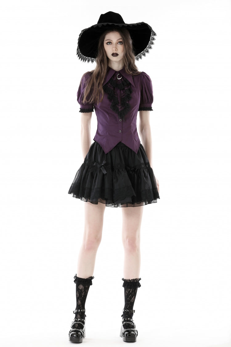 Purple Moon Frilly Collar Short Puff Sleeves Women's Gothic Blouse