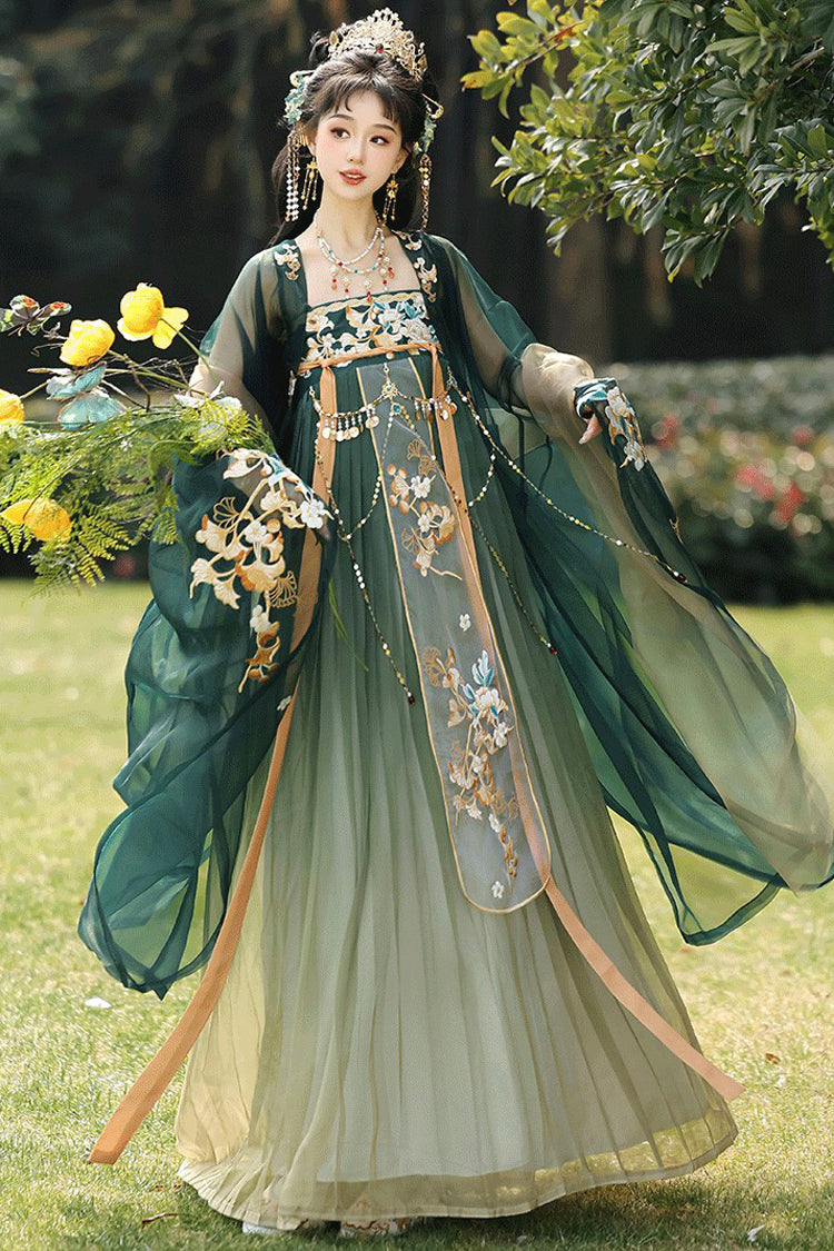 Green [Cloud Brocade And Spring Splendor] High Waisted Embroidered Women's Classic Luxurious Hanfu Dress Set