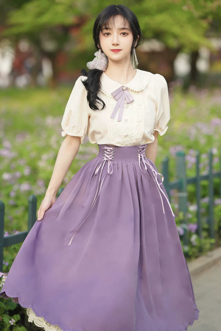 Solid Color Lapel Collar Short Sleeves High Waisted Lace-Up Wave Hem Classic Lolita Two-Piece Skirt Set 7 Colors