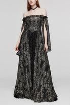 Black/Gold Boat Neck Off Shoulder Print Hollow Stitching Mesh Women's Gothic Dress