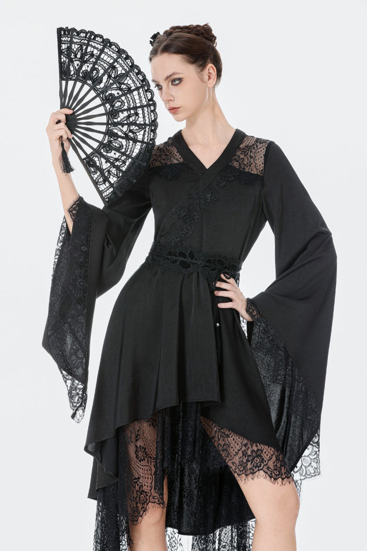 Black V Collar Long Trumpet Sleeves Lace Sheer Women's Gothic Kimono High Low Long Dress