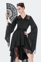 Black V Collar Long Trumpet Sleeves Lace Sheer Women's Gothic Kimono High Low Long Dress