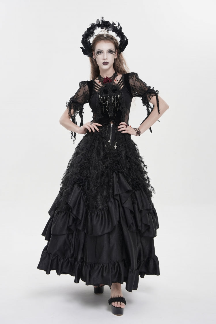 Black Women's Gothic Cross Rose Beaded Long Skirt Gorgeous Skirt