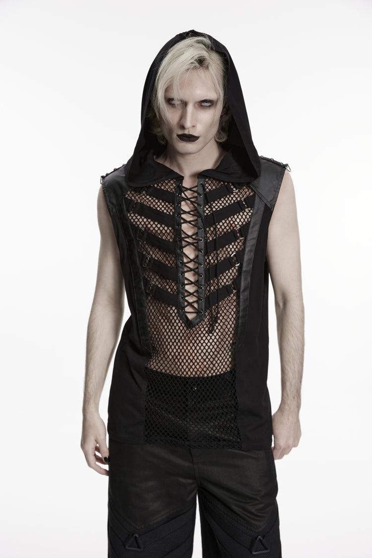 Black Spliced Lace-Up Slim Hooded Mesh Eyelet Men's Punk Cool Vest