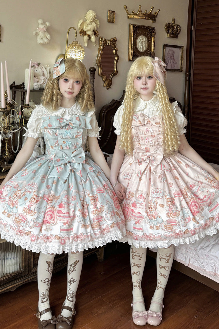 [Berry Dessert Bear] Printed Square Collar Sleeveless Ruffled Bow Casual Sweet Lolita Jsk Dress 2 Colors (Blue, Pink )