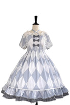 White/Blue Short Sleeves Diamond Plaid Print Bowknot Alice Sweet Lolita Dress