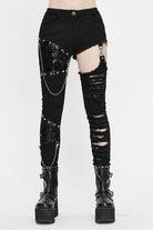 Black Punk Asymmetrical Spliced Broken Hole With Chains Womens Pants