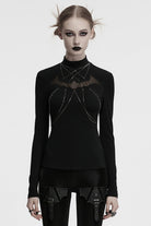 Black Stand Collar Long Sleeves Bat Stitching Mesh Chain Women's Gothic Blouse