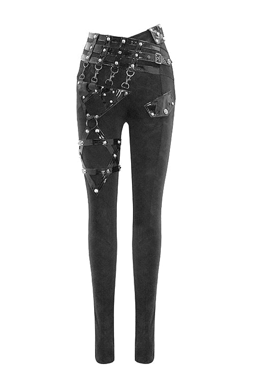 Black Punk Leather Loops Asymmetric Knitted Stretch Womens Pants