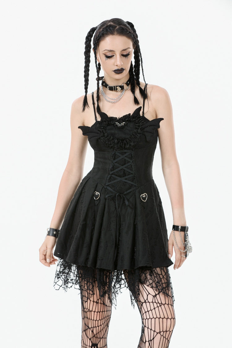 Black Sleeveless Lace Lace-Up Pleated Women's Gothic Dark Demon Slip Dress