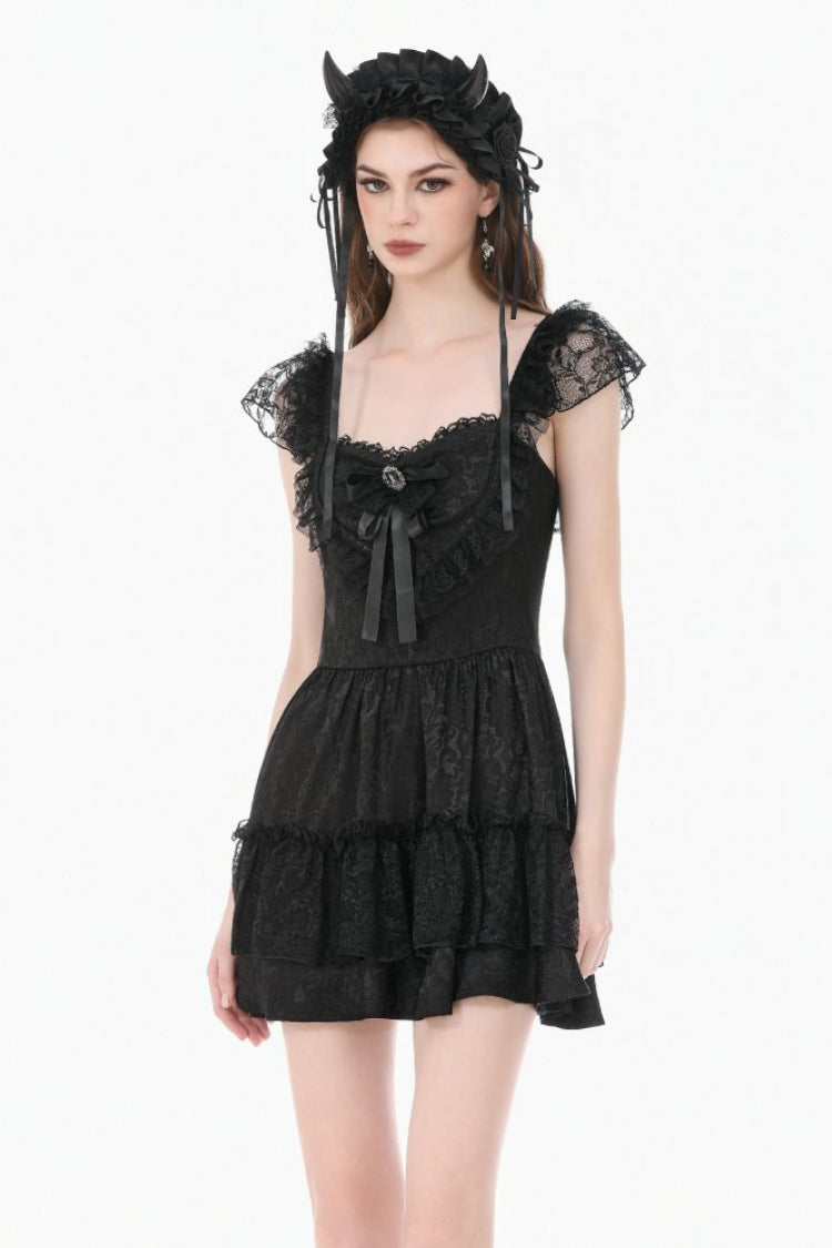 Black Flutter Sleeves Jacquard Bowknot Lace Ruffled Lace-Up Women's Gothic Cake Mini Dress