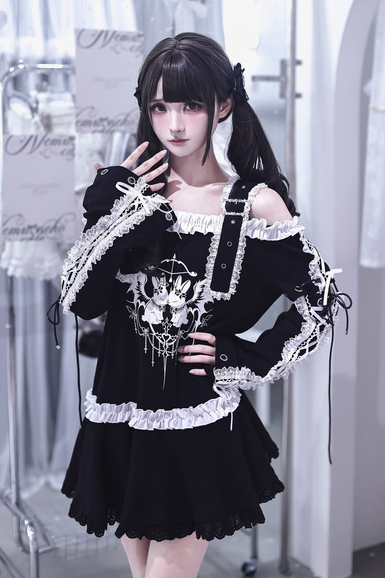 Black [Bandage Bunny] Off Shoulder Long Sleeves Ruffled Embroidered Bow Lace Punk Jirai Kei Japanese Dress
