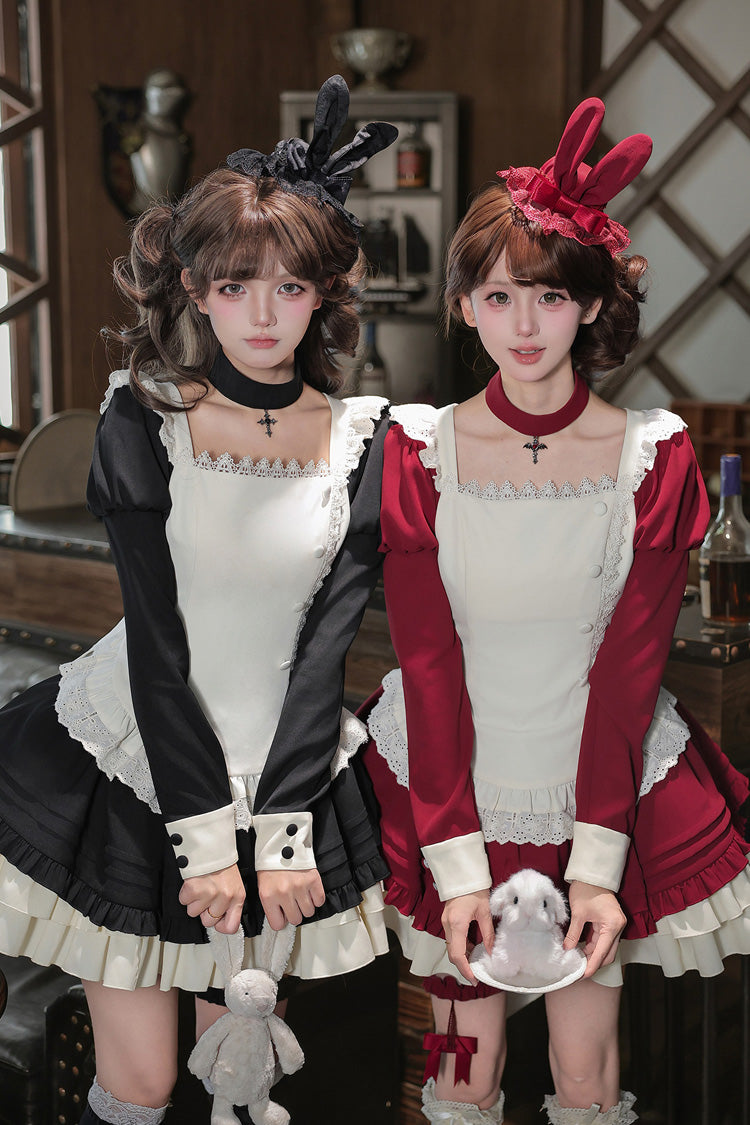 [Liya] Square Collar Long Lantern Sleeves Multi-Layered Ruffled Classic Elegant Lolita Dress 2 Colors (Black, Red)