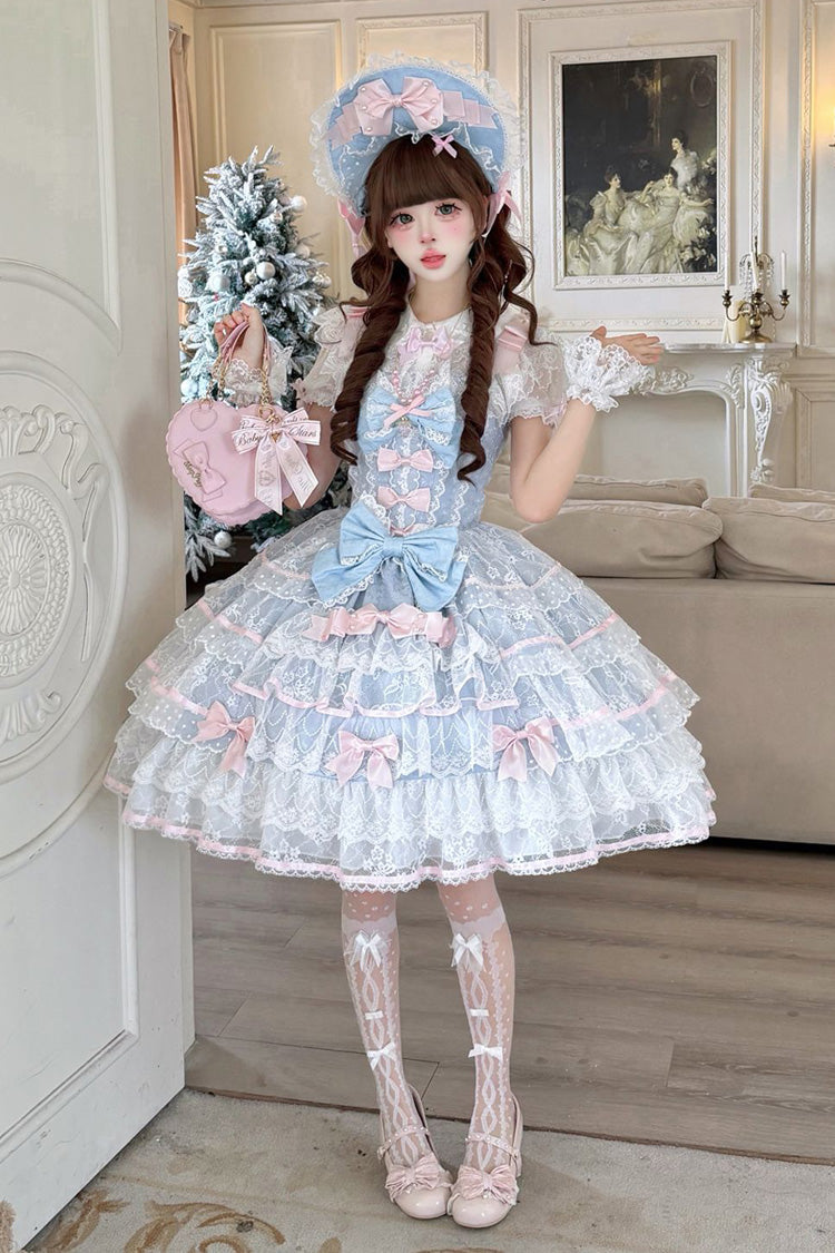 Blue [Moon-Tide Butterfly’s Call] Sleeveless Multi-Layered Ruffle Bowknot Lace Sweet Lolita Jsk Dress