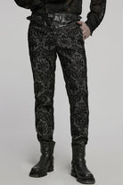 Black Print Floral Embroidery Buckle Men's Gothic Pants