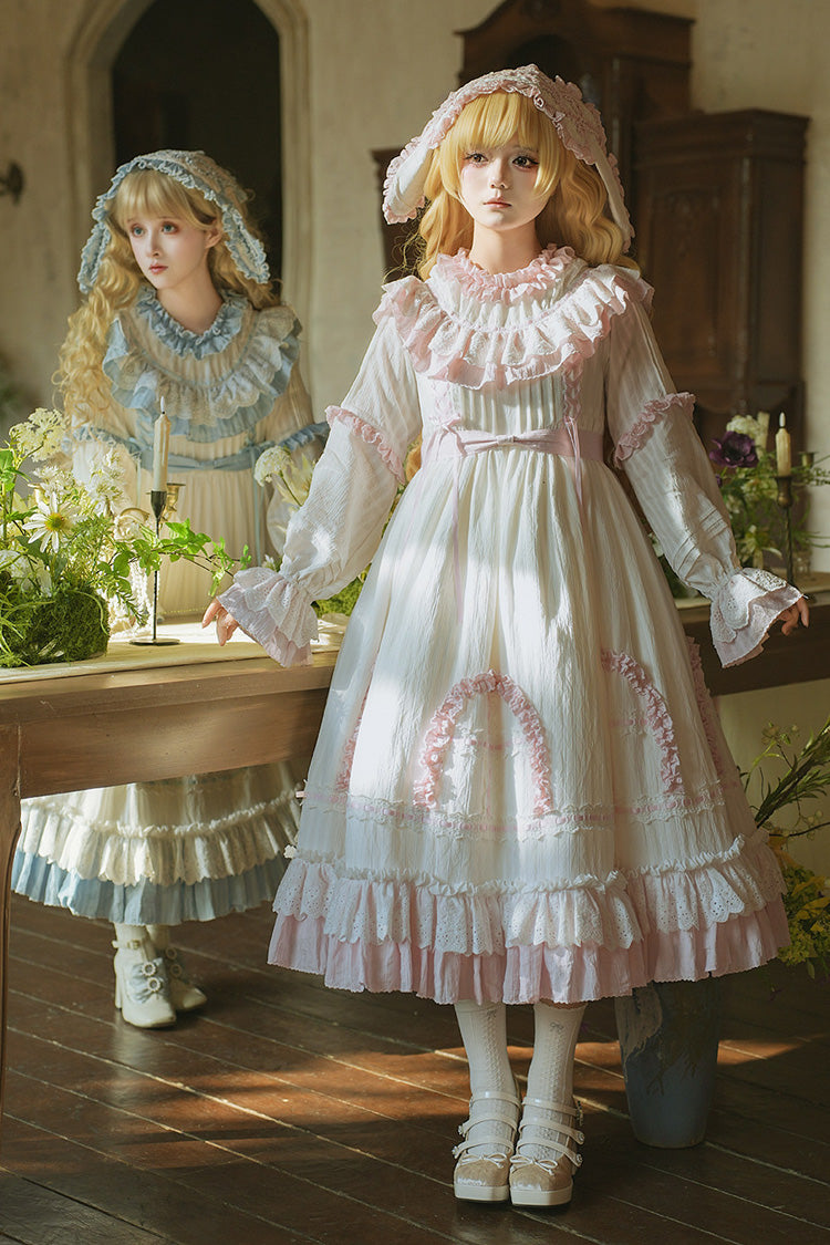 Pink [Twin Lilian] Round Collar Long Sleeves Double-Layered Ruffled Bow Lace-Up Sweet Lolita Dress
