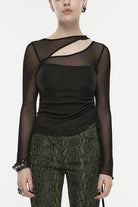 Black Long Sleeves Hollow Mesh Drawstring Women's Gothic T-Shirt