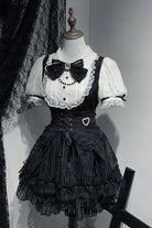 Black/White [Dream Night Song] Short Sleeves Stripe Print Bowknot Lace Gothic Jirai Kei Dress