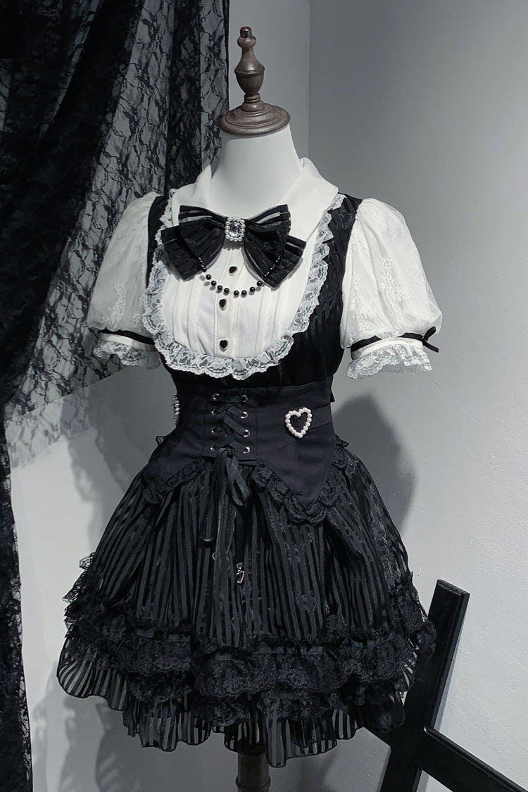 Black/White [Dream Night Song] Short Sleeves Stripe Print Bowknot Lace Gothic Jirai Kei Dress