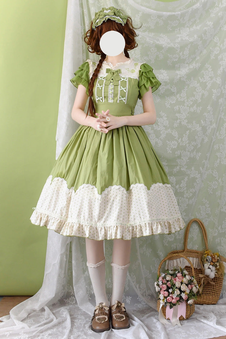 [Summer Wind] Short Sleeves Polka Dot Print Ruffle Embroidery Sweet Lolita Dress 3 Colors