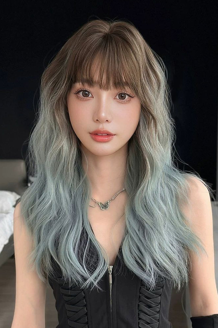 Brown to Mint Blue Ombre Romantic Air Bangs Fluffy Big Curly Sweet Lolita Full Wig