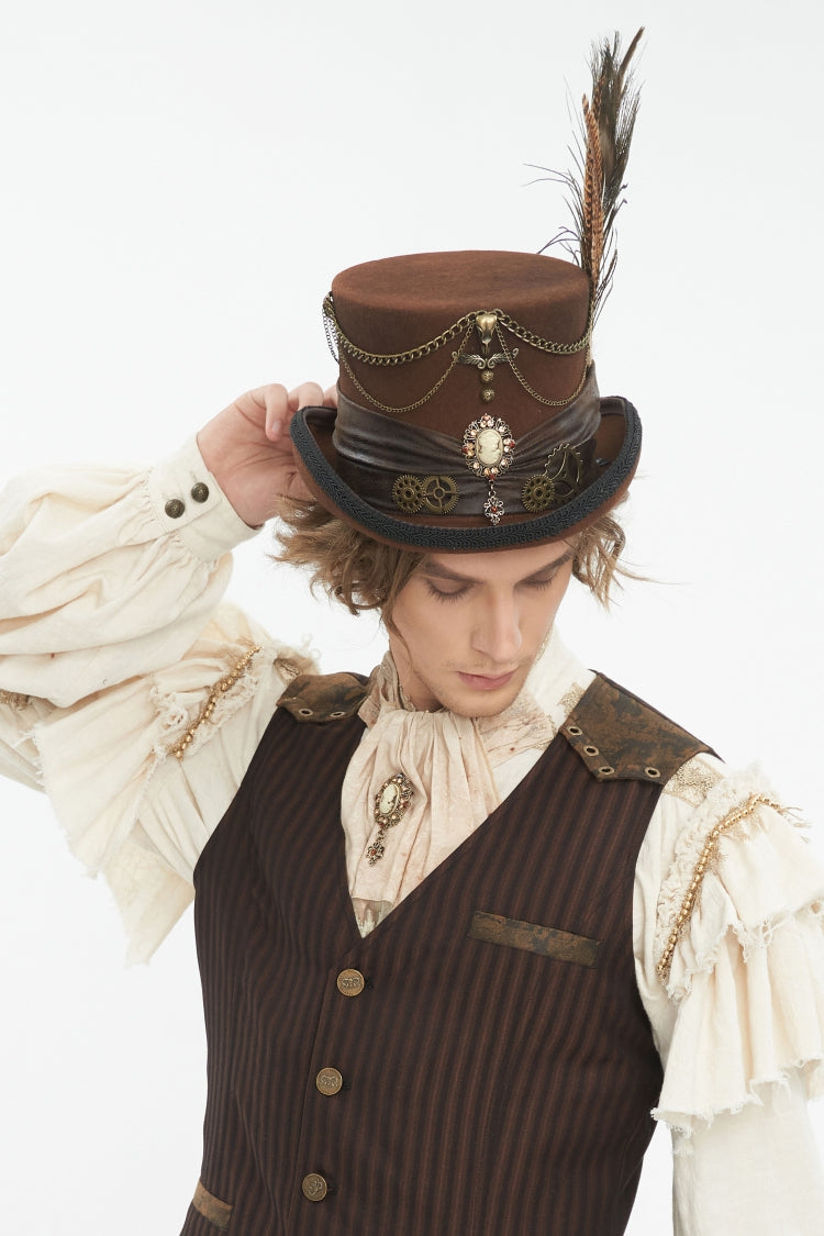 Brown Chain-Decorated Men's Gothic Accessory Gear Feather Top Hat