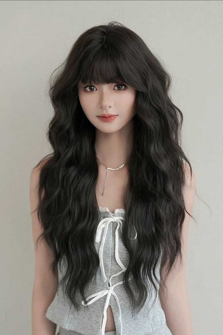 Korean Fluffy Long Water Wave Sweet Lolita Wig with Thin Air Bangs 3 Colors