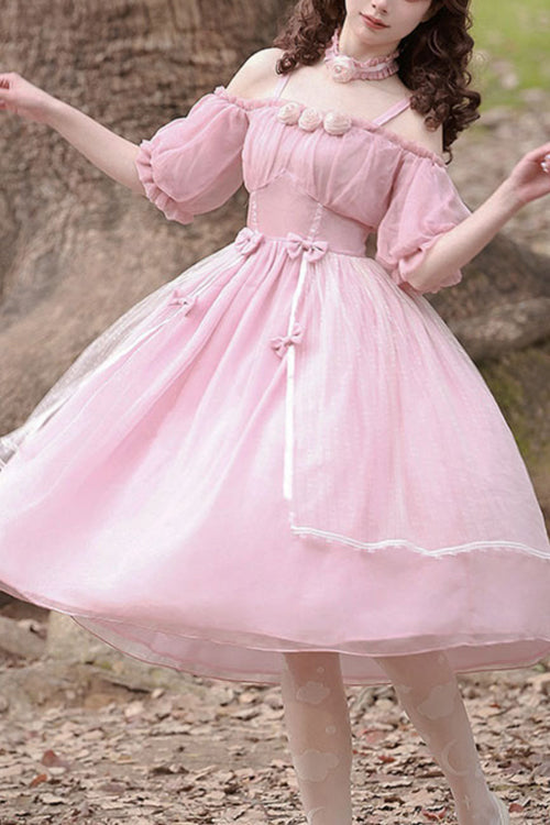 Boat Neck Bubble Short Sleeve Flower Embellished High Waisted Sweet Lolita Dress