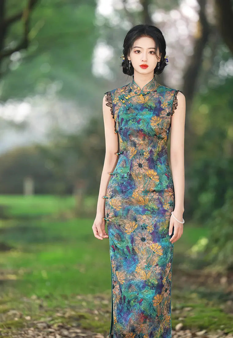 Green Floral Watercolor Sleeveless Qipao Dress