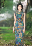 Green Floral Watercolor Sleeveless Qipao Dress
