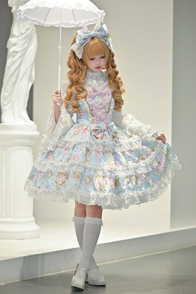 Blue [Candelabrum Elegy] Sleeveless Triple-Layered Flower Wall Printed Ruffled Bow Lace Sweet Lolita Jsk Dress