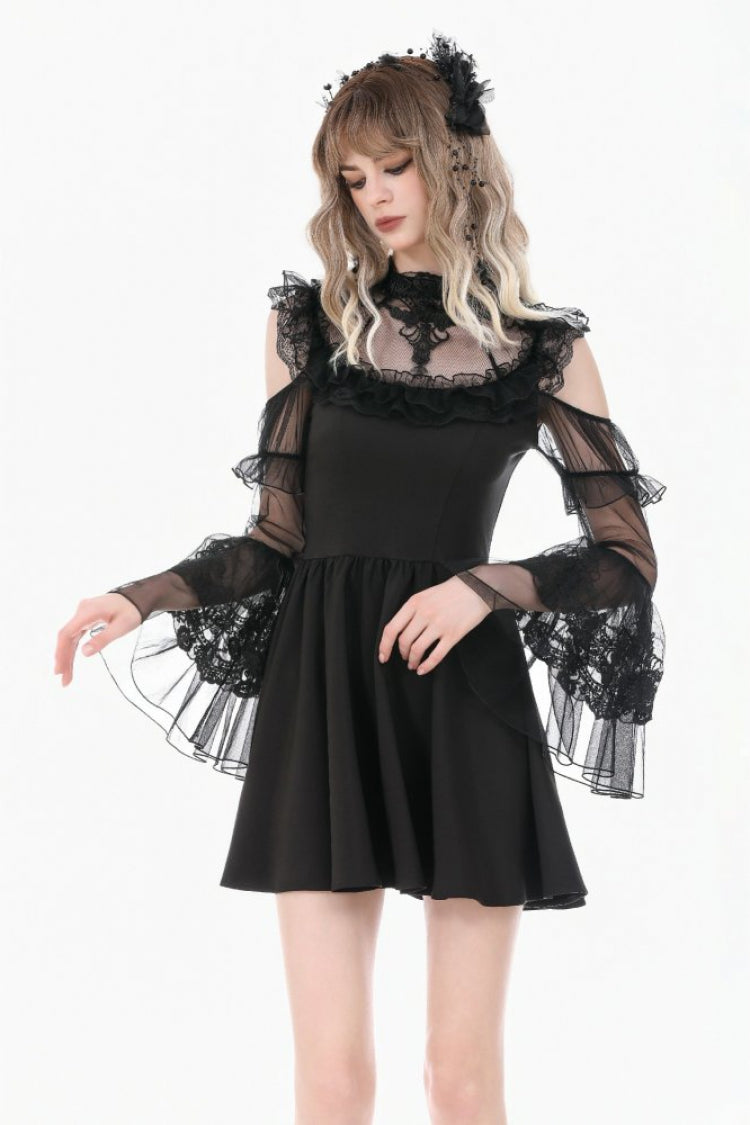 Black Cut-Out Multi-Layered Ruffled Long Trumpet Sleeves Sheer Mesh Splice Lace Lace-Up Women's Gothic Dress