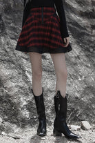 Red Chiffon Plaid Large-Hole Mesh Stitching V-Word Segmentation Design Sun-Hem Women's Punk Skirt