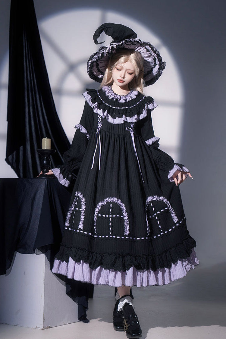 Black [Twin Lilian] Round Collar Long Sleeves Double-Layered Ruffled Bow Lace-Up Gothic Lolita Dress