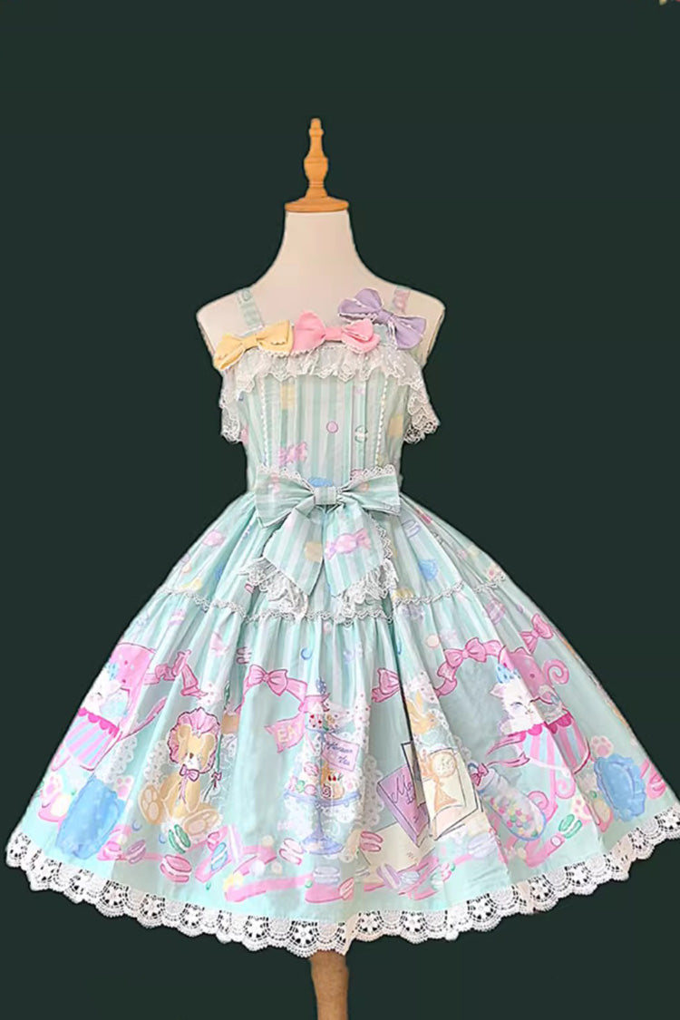 Green [Macaron Dolly House] Sleeveless Print Bowknot Sweet Lolita Jsk Dress