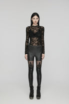 Black Embroidered Spliced Sheer Women's Gothic Leggings