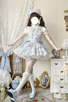 Light Blue Cotton Sleeveless Triple-Layered Printed Ruffled Bow Sweet Lolita Strap Dress