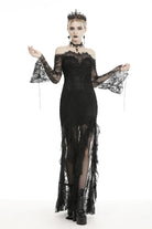 Black Off Shoulder Long Sleeves Lace Lace-Up Women's Gothic Mermaid Wedding Dress