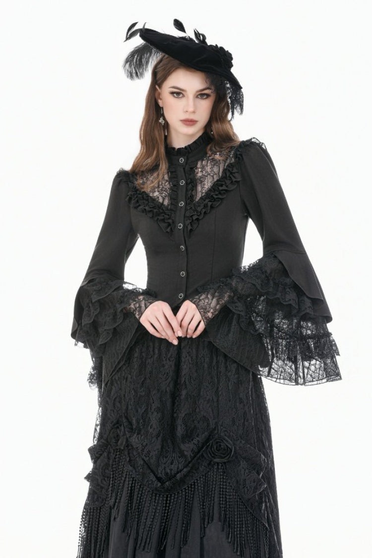 Black Stand Collar Long Trumpet Sleeves Multi-Layered Ruffled Lace Patchwork Lace-Up Women's Victorian Gothic Blouse
