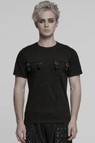 Black Round Collar Short Sleeves Pocket Denim Men's Punk T-Shirt