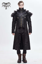 Black Stand Up Collar Shoulder Fur Cape Front Metal Hasp Chest Loops Long Fur Men's Punk Coat