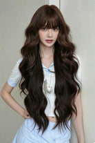 Light-Root Chestnut Brown Ombre Natural Fluffy Long Big Wavy Sweet Lolita Wig with Air Bangs