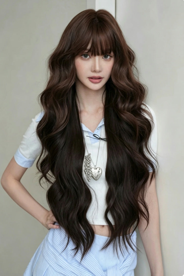 Light-Root Chestnut Brown Ombre Natural Fluffy Long Big Wavy Sweet Lolita Wig with Air Bangs