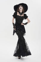 Black Double-Layered Embroidered Lace Slim Pearl-Decorated Women's Gothic Skirt