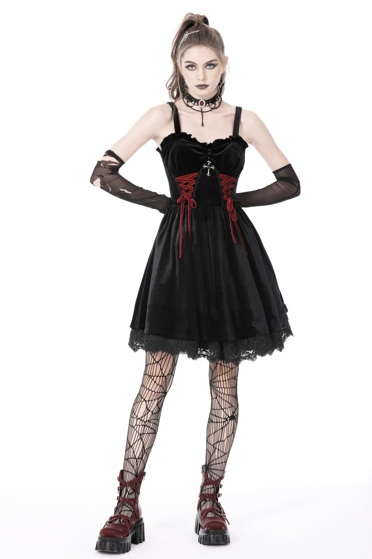 Black/Red Cross Lace-Up Strappy Women's Gothic Velvet Slip Dress