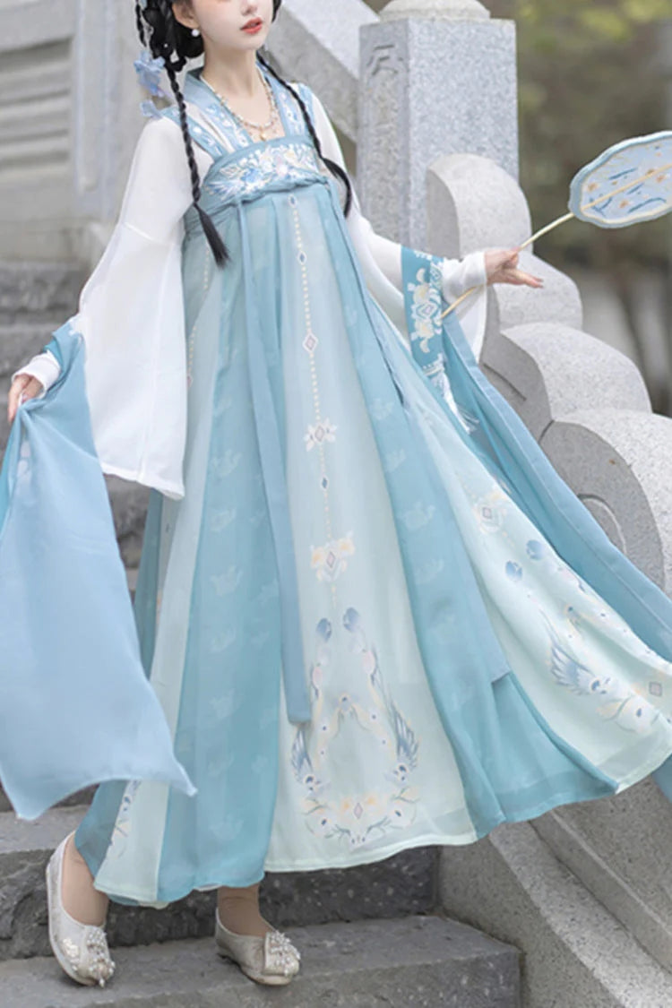 Blue Trumpet Sleeves High Waisted Print Embroidery Sweet Chinese Style Hanfu Dress Full Set