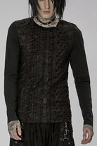 Black Punk Knitted Print Splicing Concave And Convex Webbing Decoration Long Sleeve Men's T-Shirt