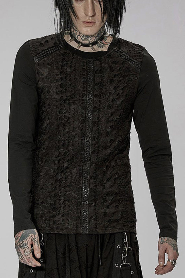 Black Punk Knitted Print Splicing Concave And Convex Webbing Decoration Long Sleeve Men's T-Shirt