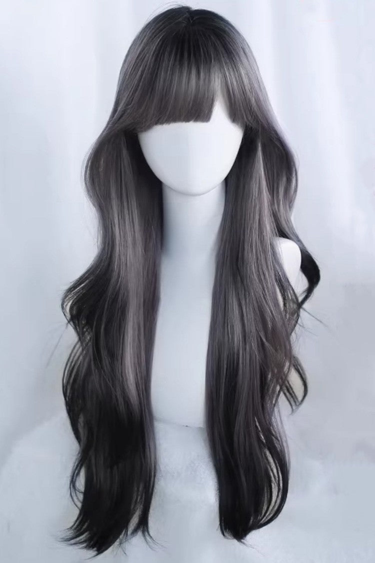 Black/Purple Ombre Curtain Bangs Long Loose Wavy Sweet Lolita Wig